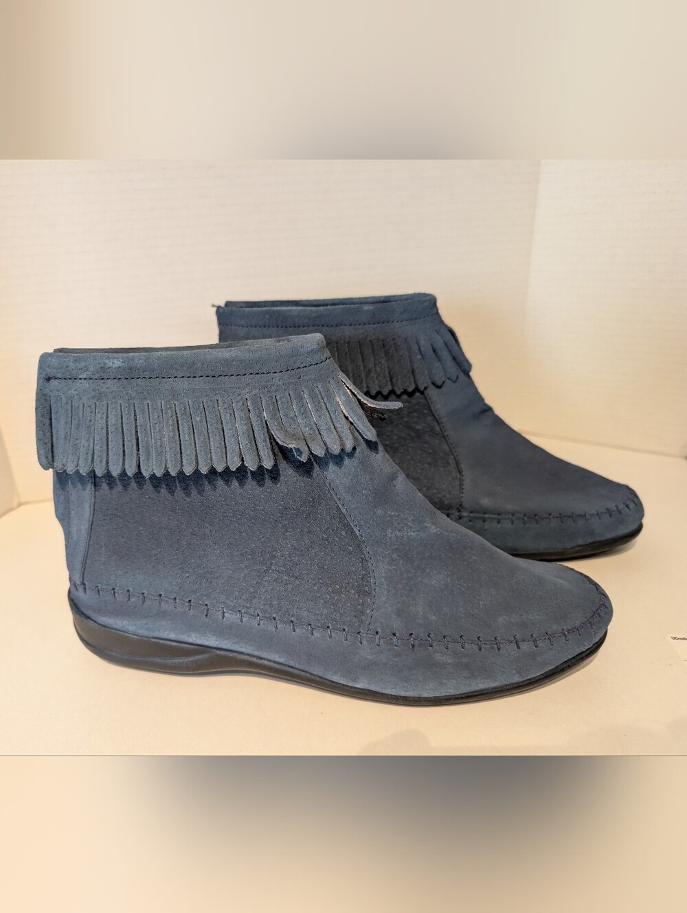 Blue Suede Moccasin Ankle Boots Sz.9 Comfort Ease